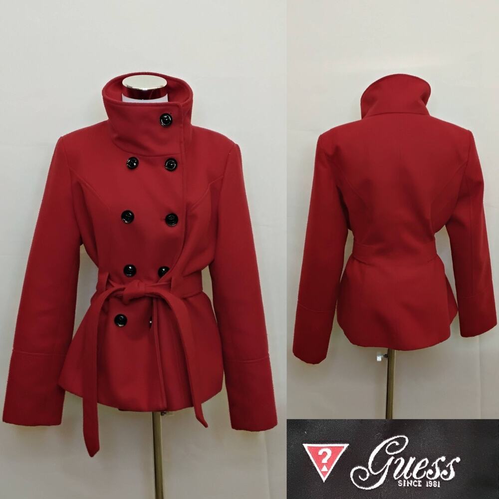 Guess Peacoat Women's Large Red Vintage 2000s Belted Large Buttons #J5212